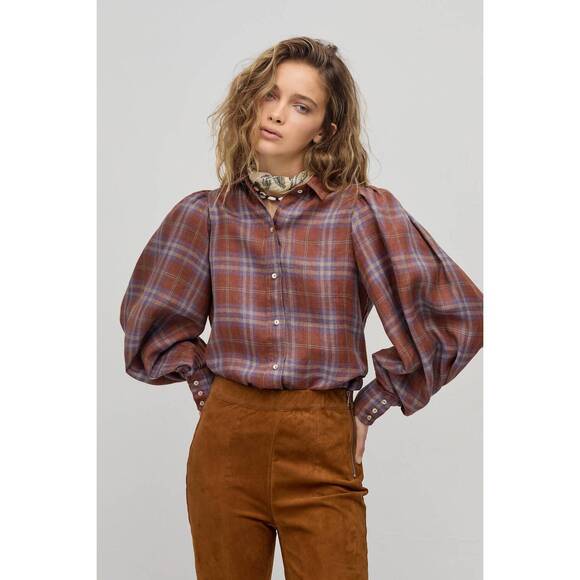 LANHTROPY Tops - NEW LANHTROPY camille linen shirt in hazelnut checks